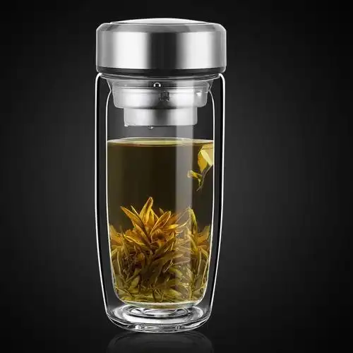 高档玻璃水杯家用茶水分离泡茶杯双层透明带盖耐高温高颜值茶杯子本色