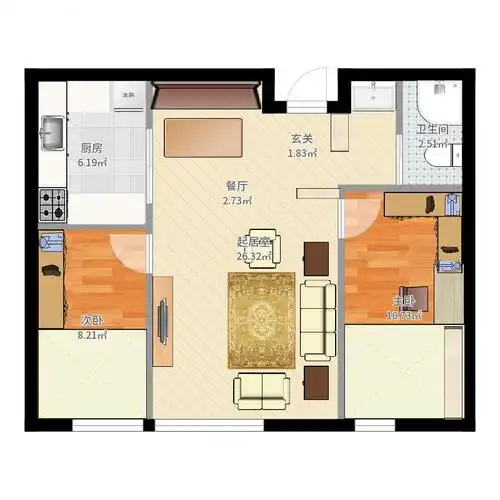 00㎡60平米两室两厅一卫户型图户型2室2厅1卫-副本