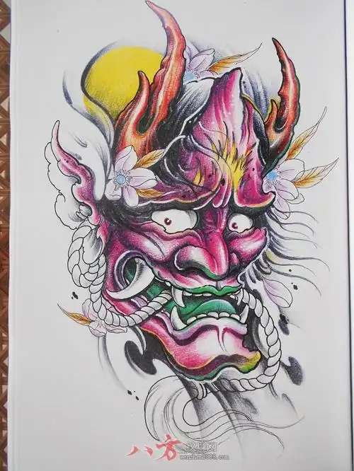 传统红般若月亮唐门原创纹身手稿是南京市服装设计师