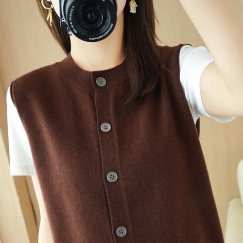 柔妙缘(roumiaoyuan)毛线马甲背心女开衫外穿针织女宽松羊毛圆领马夹