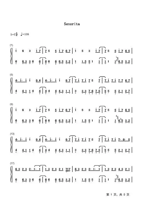 senorita钢琴谱_shawn mendes camila cabello_c调_流行钢琴双手简谱