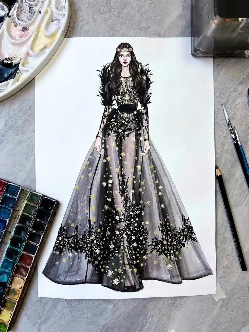 服装效果图——水彩时装画礼服94.#服装设计手绘 #时装画  - 抖音