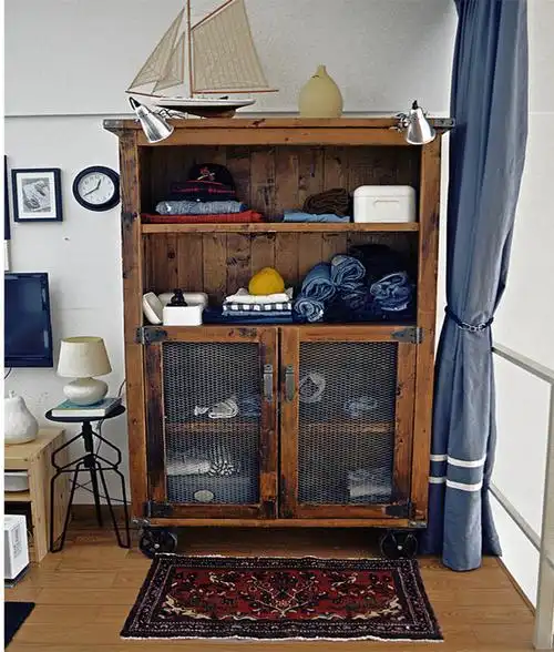 美式乡村复古做旧实木家具回收木双门衣柜衣橱仿古