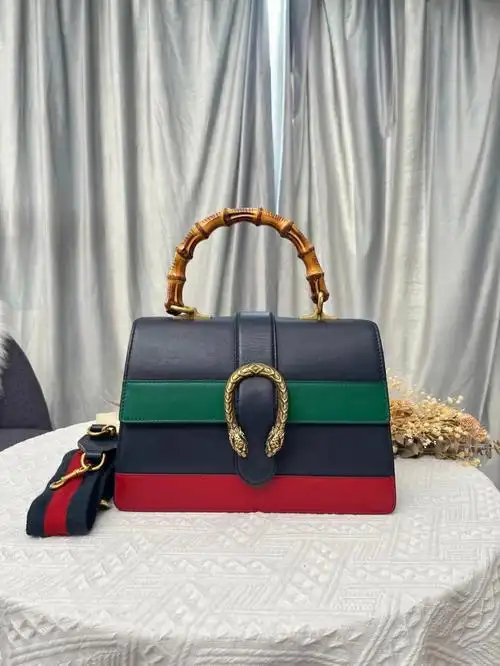 gucci古驰牛皮三色拼色竹节酒神包手提包