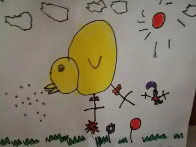 小鸡吃米——小鸡的腿上都扎着蝴蝶结,小女孩的辫子都是朝天的