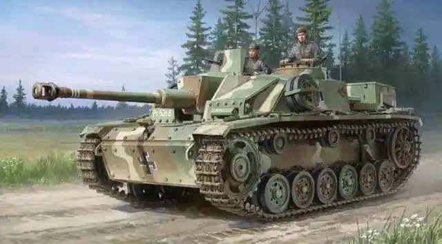 一辆安装了摇摆式侧裙,战斗室侧面架设间隙附加装甲的三号突击炮g型