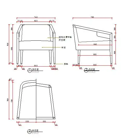 中式,休闲椅,三视图