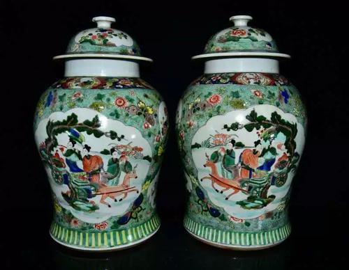 文玩瓷器清康熙款粉彩瓷高43*25公分福禄寿将军罐摆件一对