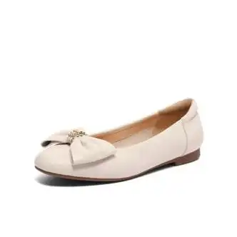 新百丽气质单鞋瓢鞋2023秋季新款百丽女鞋通勤平底鞋防滑米色34