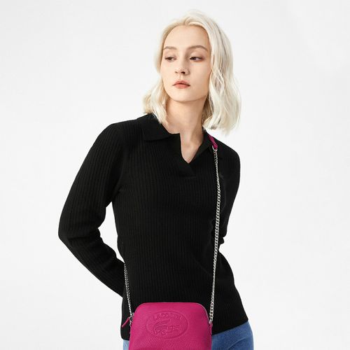 法国鳄鱼女装春秋时尚翻领长袖羊毛衫弹力修身撞色边线保暖针织衫