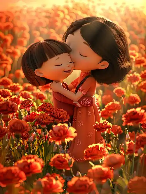 孩子在康乃馨丛中亲吻母亲3d插画