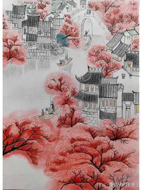 彩铅 桃花乡村山水画