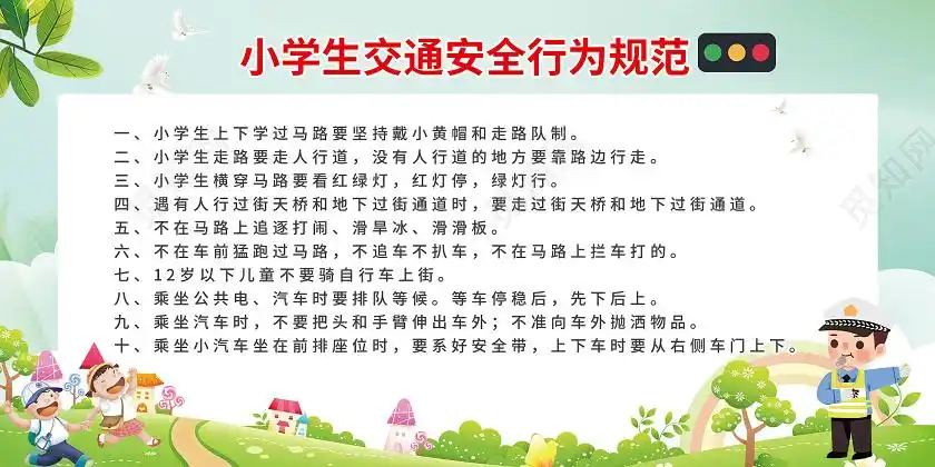 绿色卡通小学生交通安全行为规范宣传展板