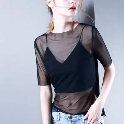 透视衣服恤莎上衣沙提内搭网纱纱衣蕾丝半袖冲锋衣