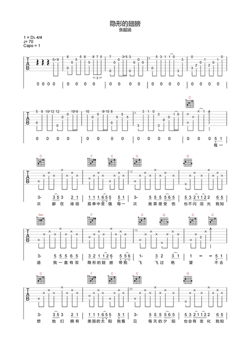 张韶涵《隐形的翅膀》吉他谱-c调原版吉他弹唱谱