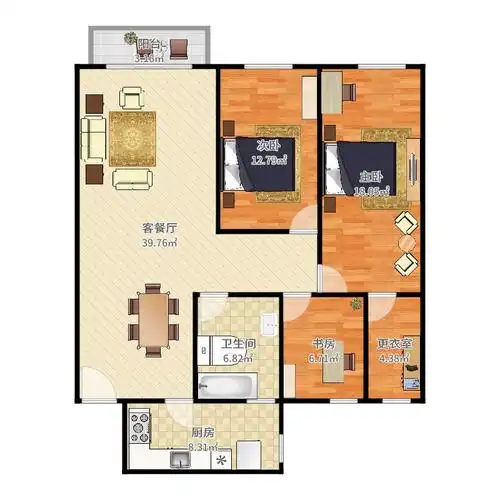 丽景名城3室2厅1卫1厨100.00㎡户型图