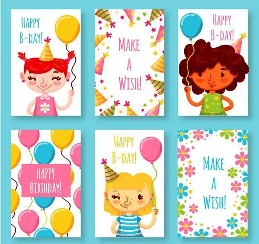 6款可爱女孩生日贺卡矢量素材