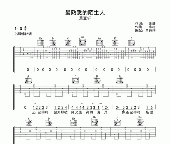 萧亚轩-最熟悉的陌生人吉他谱六线谱g调