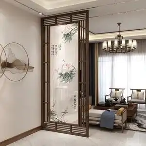 新中式实木入户门厅隔断屏风遮挡装饰家用山水花鸟格栅半透座屏