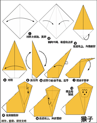 儿童折纸教程简单有趣的折纸之动物主题折纸方法之猴子的折纸方法