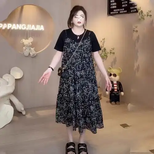 大码女装假两件拼接碎花连衣裙女夏季胖mm收腰显瘦遮肉裙子 - 17网