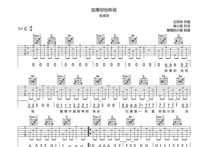 朱添泽《如果你也听说》吉他谱 - c调弹唱六线谱第1张