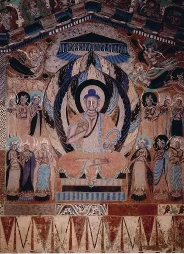 莫高窟壁画西魏288窟1窟内景与人字坡纹样花鸟生灵