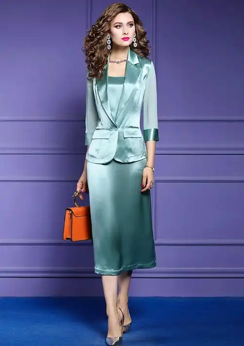 菲梦伊时尚套装女秋装新款丝滑缎面气质西服上衣吊带连衣裙两件套