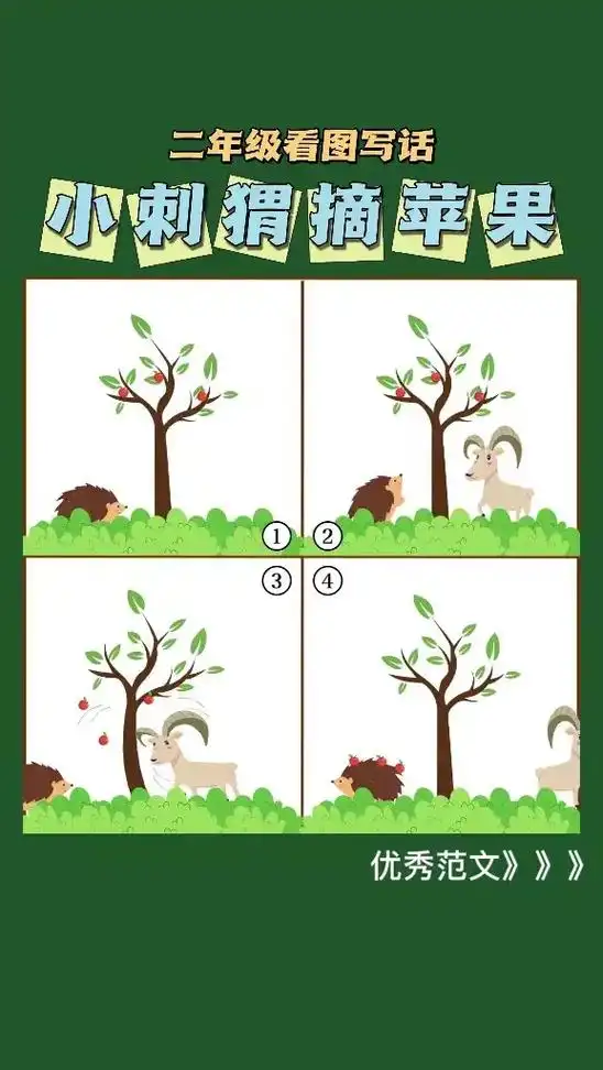 小刺猬摘苹果看图写话四幅图片和范文,二年级小刺猬摘苹果山羊来 - 抖
