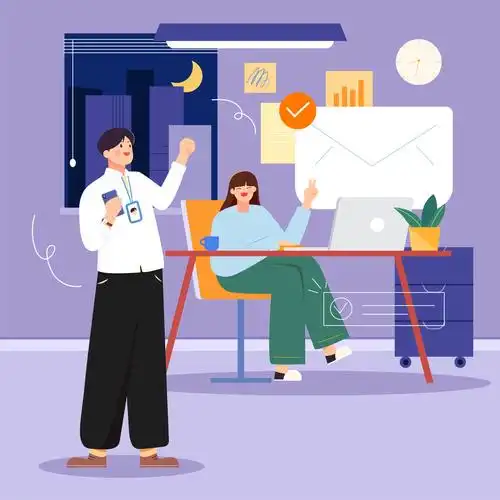 深夜努力工作的男女同事矢量插画方图