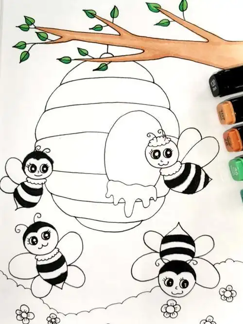 蜜蜂的小房子创意儿童画简笔画线描马克笔