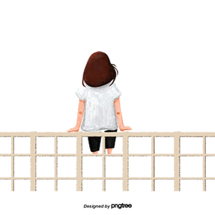 卡通坐在栏杆上的女孩背影