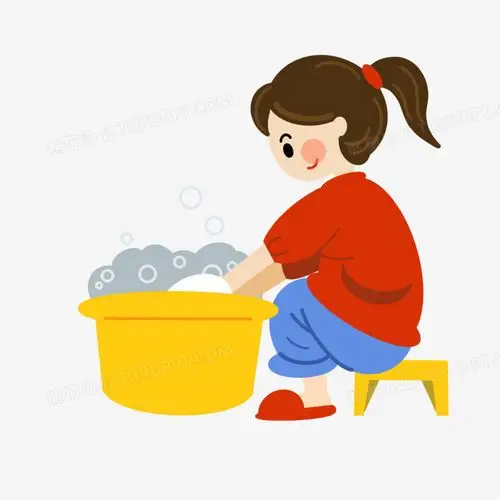 卡通手绘小朋友在家洗衣服素材