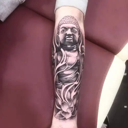 小臂黑灰莲花佛像纹身图案