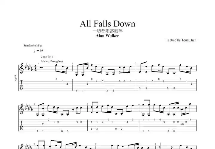 all falls down吉他谱_alan walkerc调指弹_沉迷尼龙弦up - 吉他世界