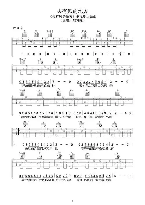抖音热歌《去有风的地方》郁可唯吉他谱分享_主题_首歌_歌曲