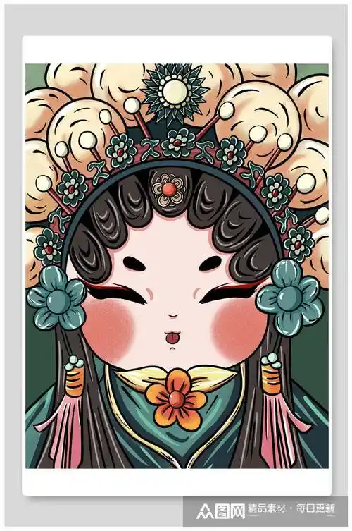 国潮绿色女性京剧脸谱插画素材