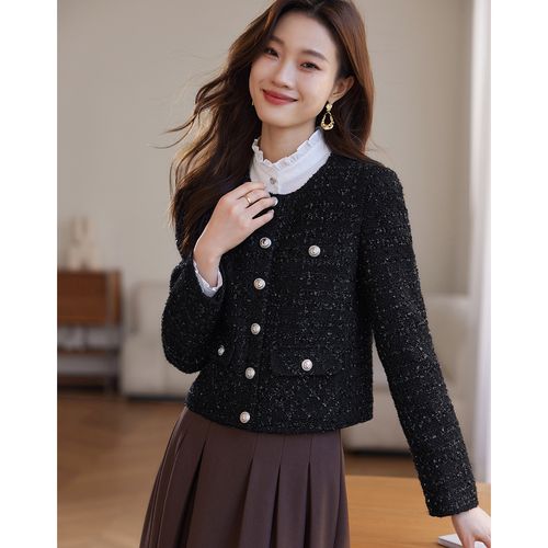小香风黑色外套女短款加厚夹棉名媛粗花呢上衣