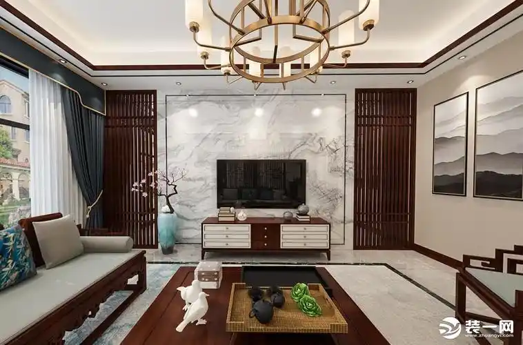 富安自建别墅300平新中式客厅电视背景墙效果图