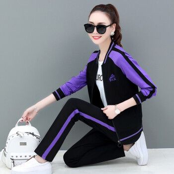 女春秋装气质大码宽松显瘦v领休闲套装女跑步晨练服运动服女装三件套