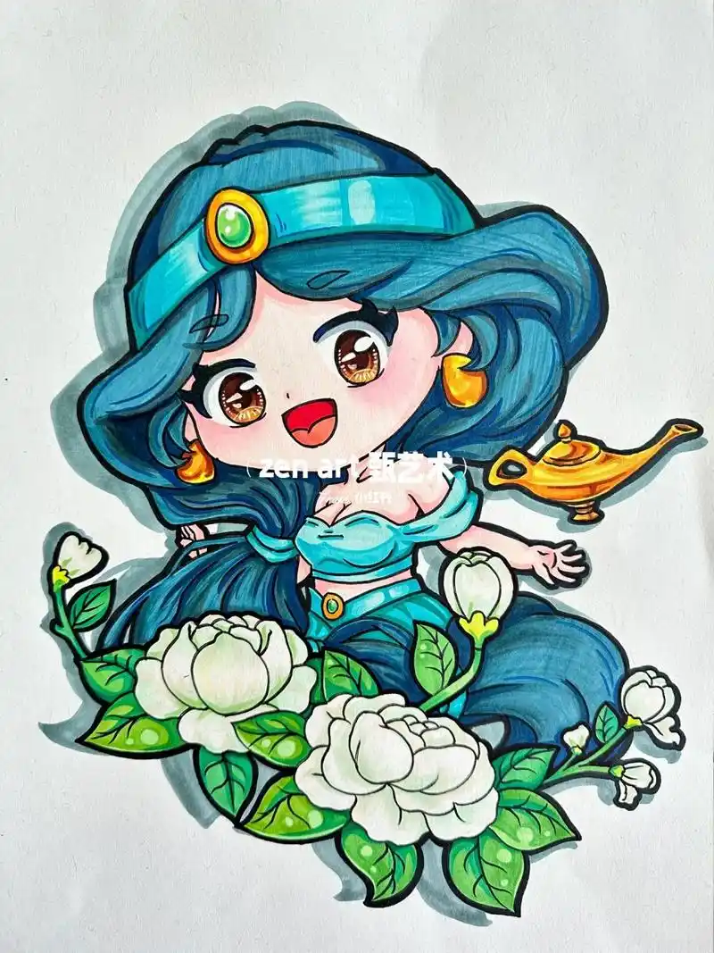 迪士尼公主手绘|马克笔绘画 茉莉公主 爱丽儿 花木兰 艾莎 安娜 白雪