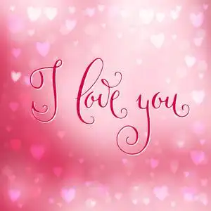 方形抽象粉红色模糊背景,心形灯在上面,手写我爱你的文字.照片