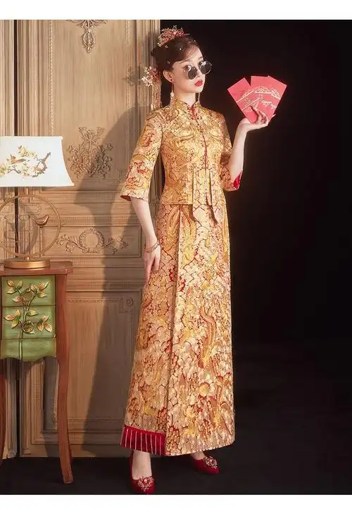 舒弗星金色秀禾服2022年新款新娘结婚龙凤褂小个子中式婚服修身褂皇无