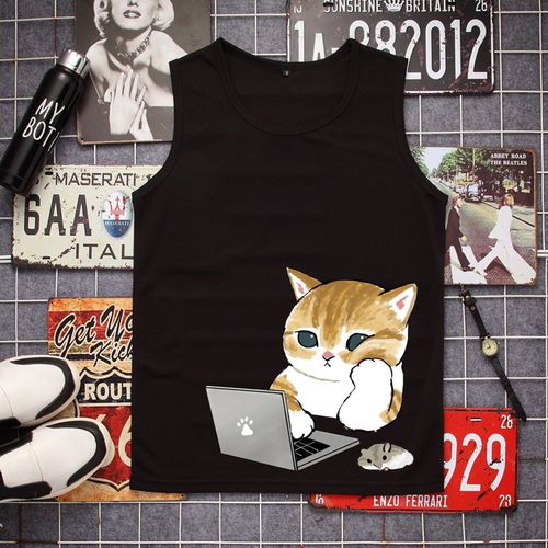 呆萌可爱卡通猫咪图案衣服上班族打工人程序员it小众设计男生背心
