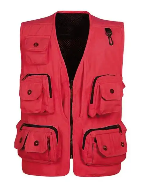 户外春秋多口袋男士摄影师马甲 帆布背心 工作服导演记者钓鱼坎肩 红