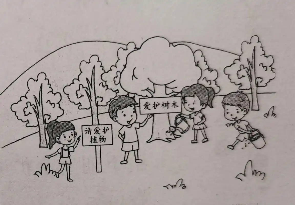 植树节~一年级看图写话 今天是植树节,小朋友们来到公园里的树林里