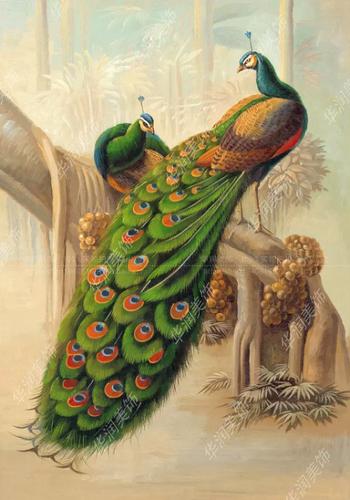绿.金色孔雀装饰画画芯竖版欧式客厅餐厅玄关挂画 壁画
