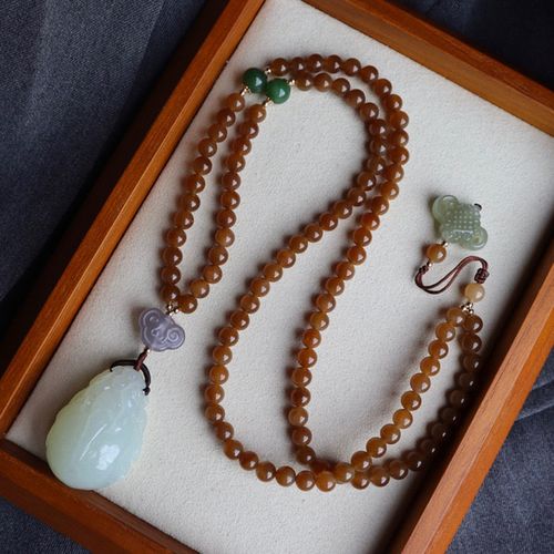 天然和田玉貔貅搭配末糖玉108颗佛珠项链古风韵味项链毛衣链