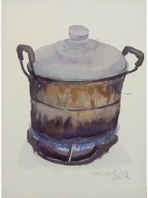 寻常生活画里烟火水彩锅碗瓢盆儿里的锅