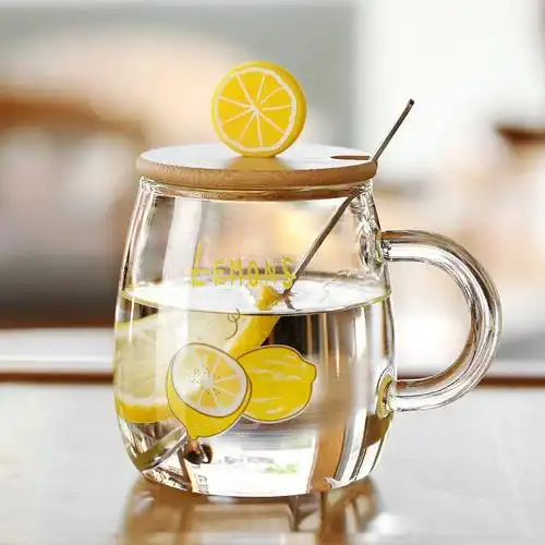 水果柠檬玻璃杯可爱夏季带盖勺马克杯带手柄水杯女透明网红杯子